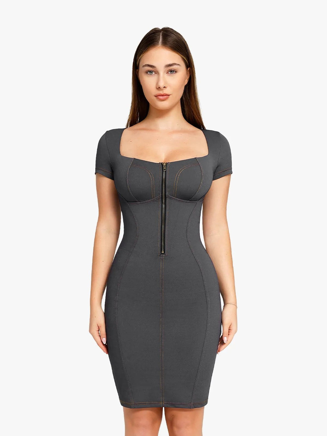 Popilush® Short Sleeve Bodycon Dress Denim Grey / S Shapewear Denim Square Neck Tummy Control Midi Dress