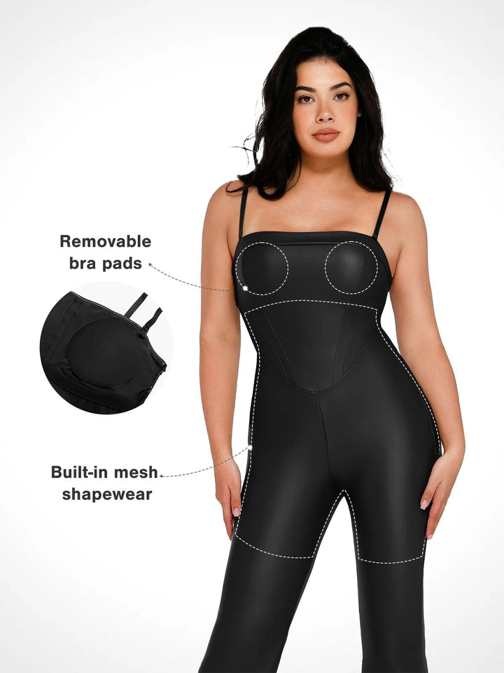 Popilush® Sexy Slip Flare Jumpsuit Shapewear Faux Leather Corset Bodice Slimming Jumpsuit