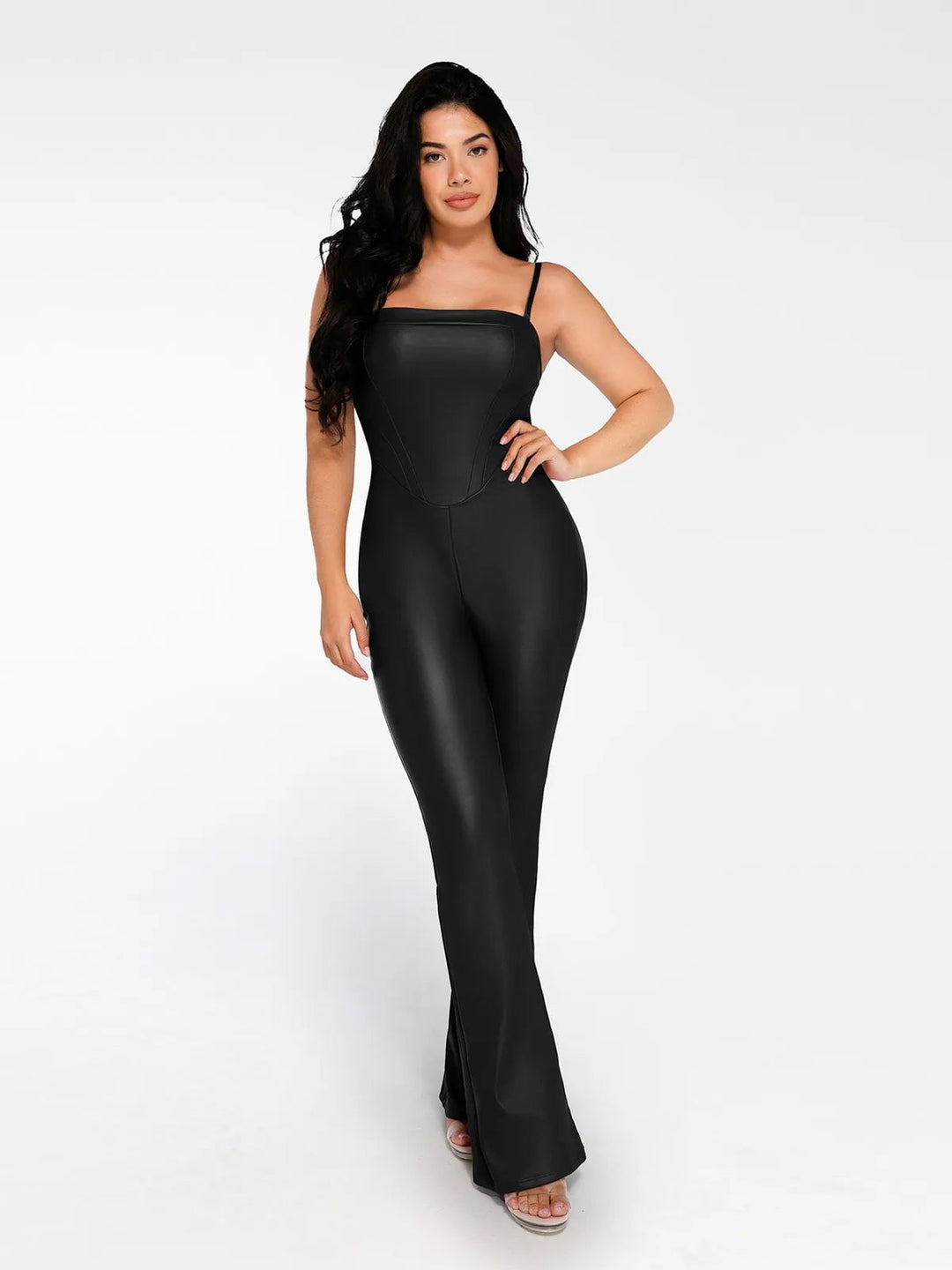 Popilush® Sexy Slip Flare Jumpsuit Shapewear Faux Leather Corset Bodice Slimming Jumpsuit