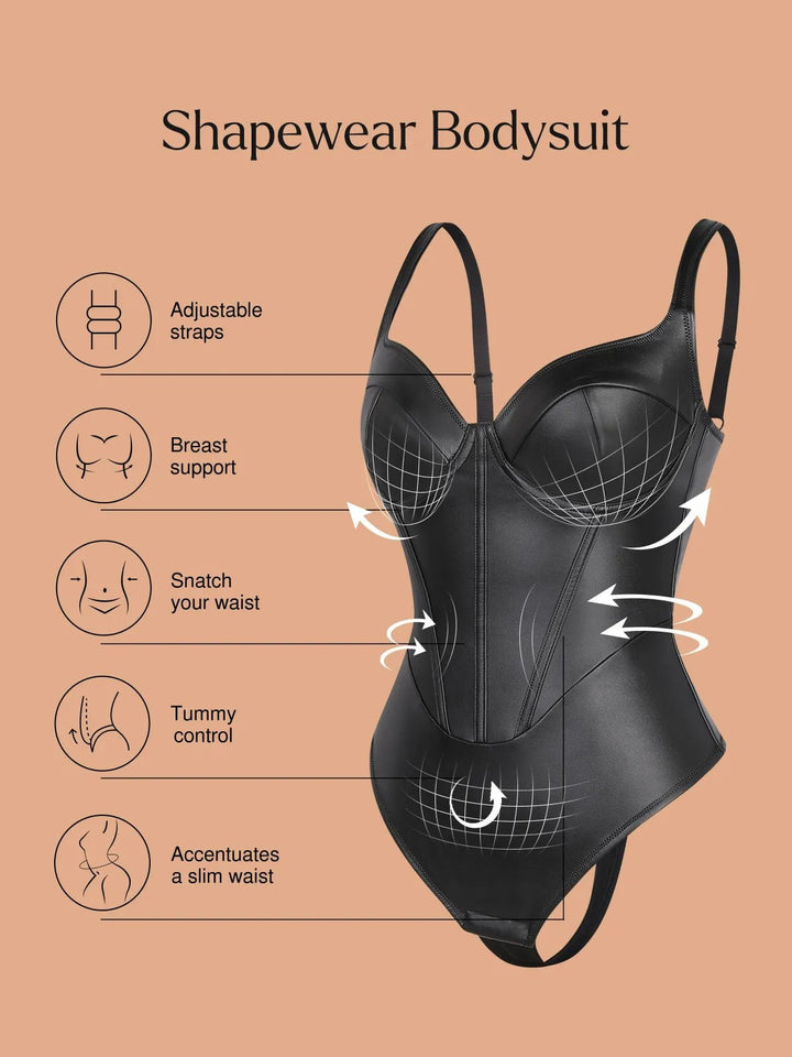 Popilush® Sculpting Tummy Control Sleeveless Body Shaper Shapewear Faux Leather Hourglass Corset Bodysuit