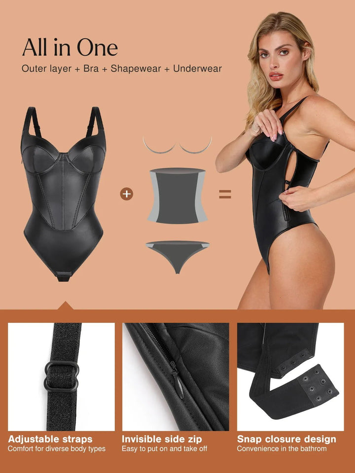 Popilush® Sculpting Tummy Control Sleeveless Body Shaper Shapewear Faux Leather Hourglass Corset Bodysuit