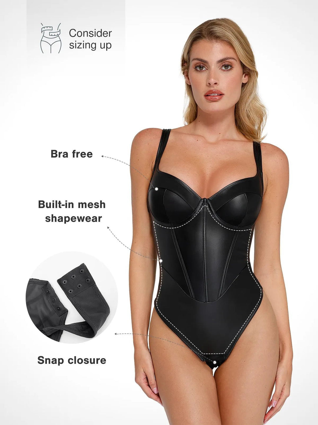 Popilush® Sculpting Tummy Control Sleeveless Body Shaper Shapewear Faux Leather Hourglass Corset Bodysuit