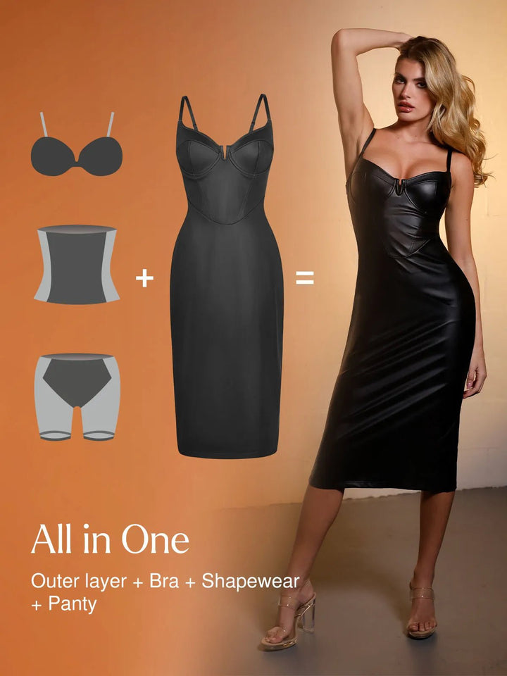 Popilush® Slip Bodycon Party Cocktail Evening Gown Shapewear Faux Leather Hourglass Corset Midi Dress