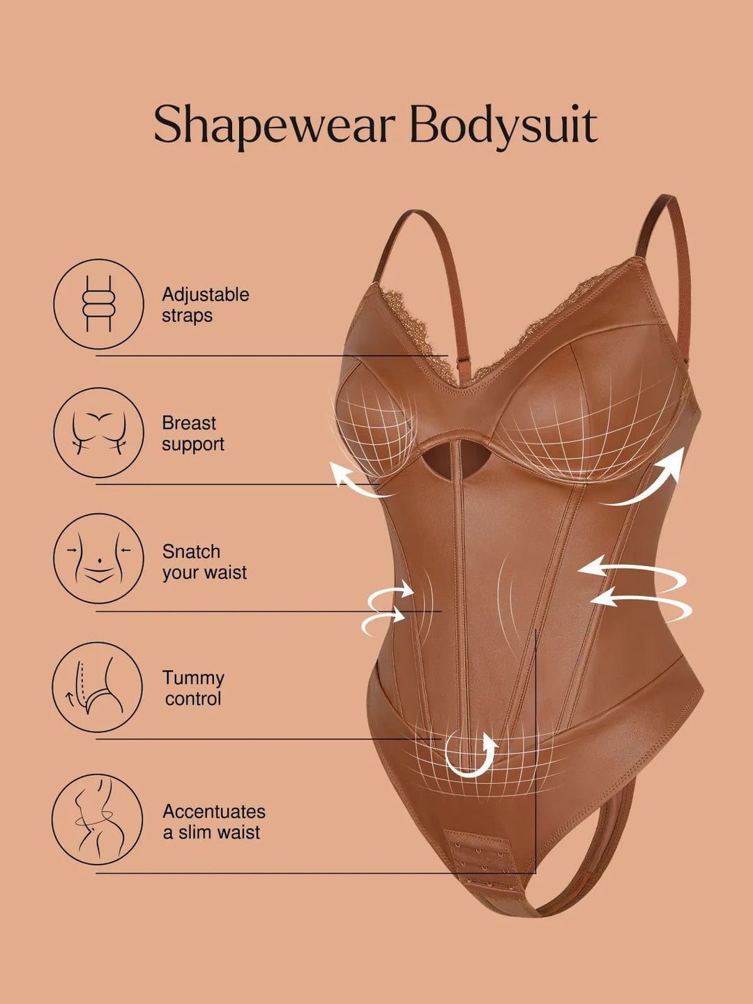 Popilush® Tops Body Shaper Slip Thong Shapewear Faux Leather Hourglass Cutout Corset Bodysuit