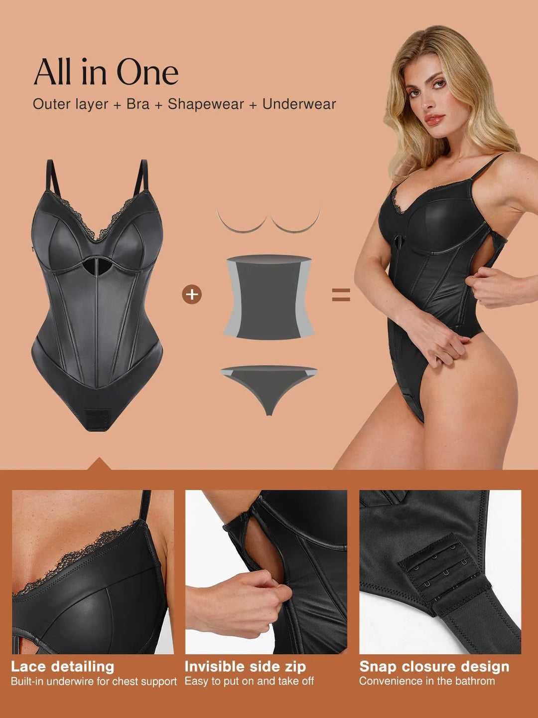 Popilush® Tops Body Shaper Slip Thong Shapewear Faux Leather Hourglass Cutout Corset Bodysuit