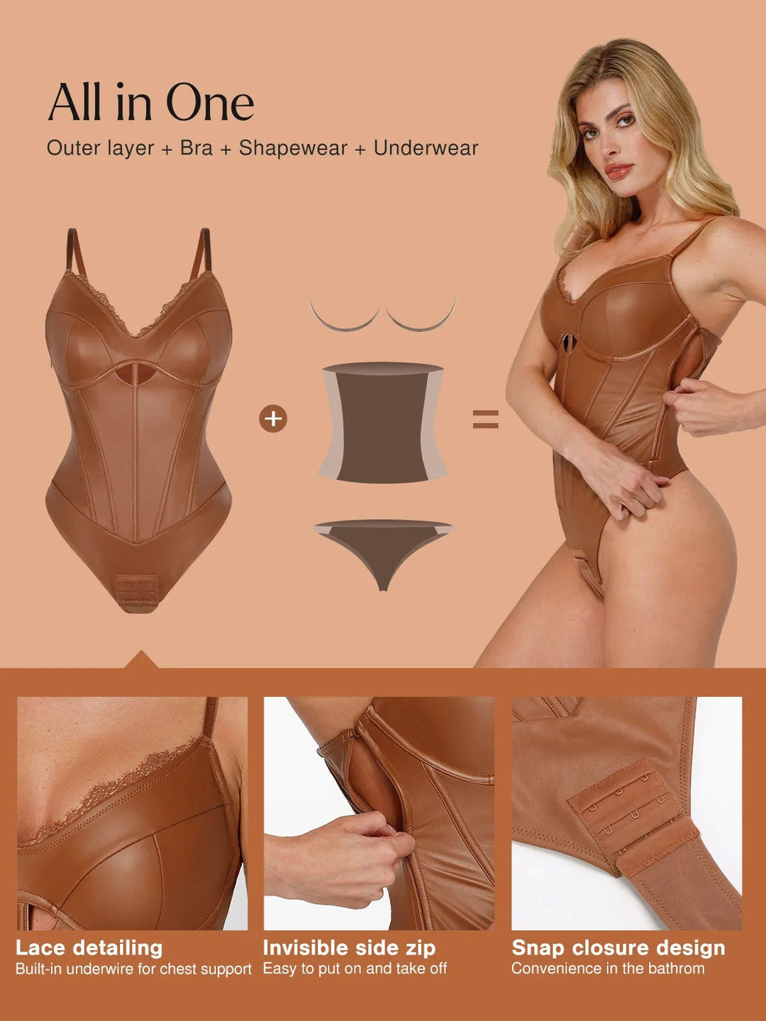 Popilush® Tops Body Shaper Slip Thong Shapewear Faux Leather Hourglass Cutout Corset Bodysuit