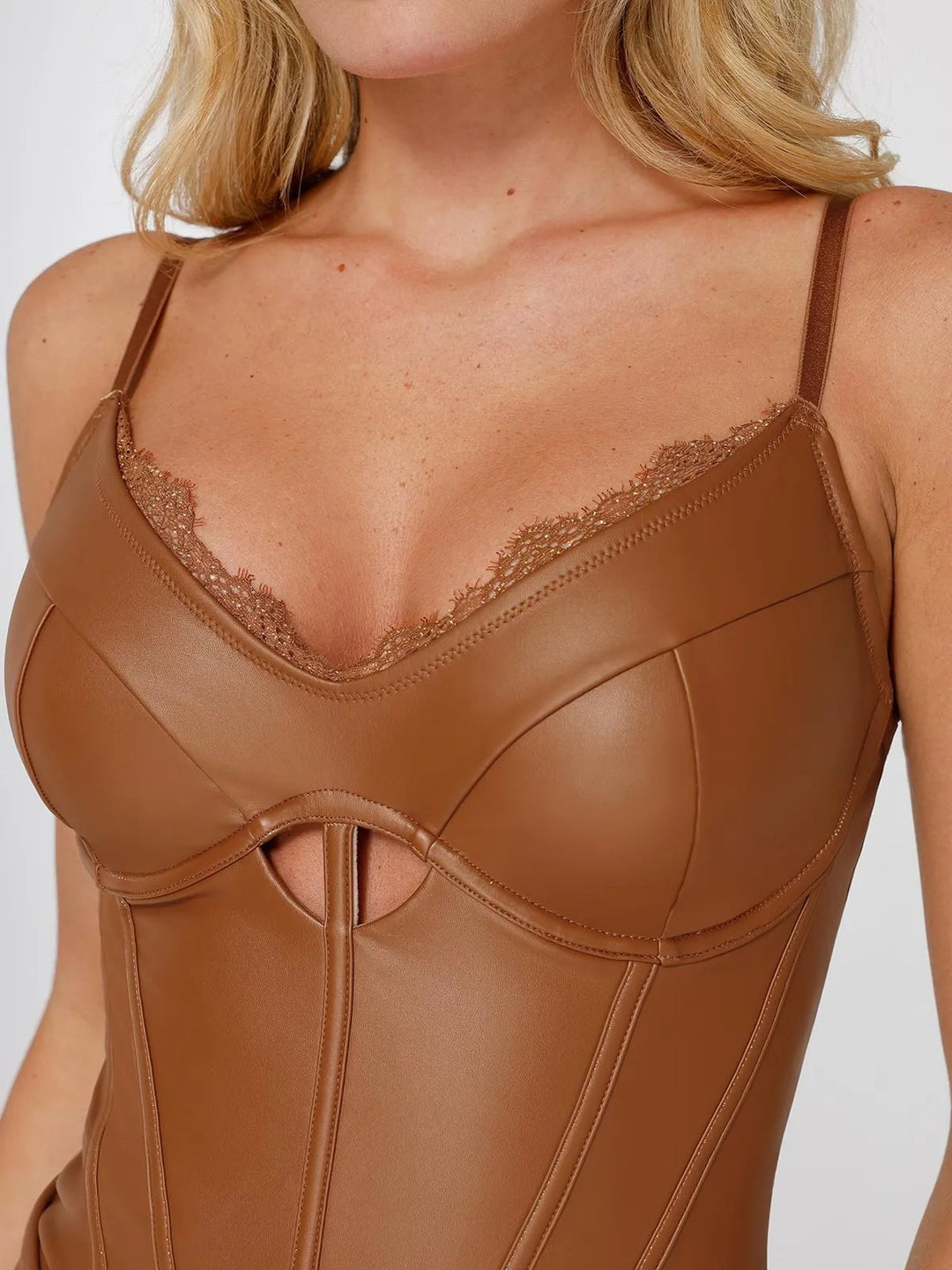 Popilush® Tops Body Shaper Slip Thong Shapewear Faux Leather Hourglass Cutout Corset Bodysuit