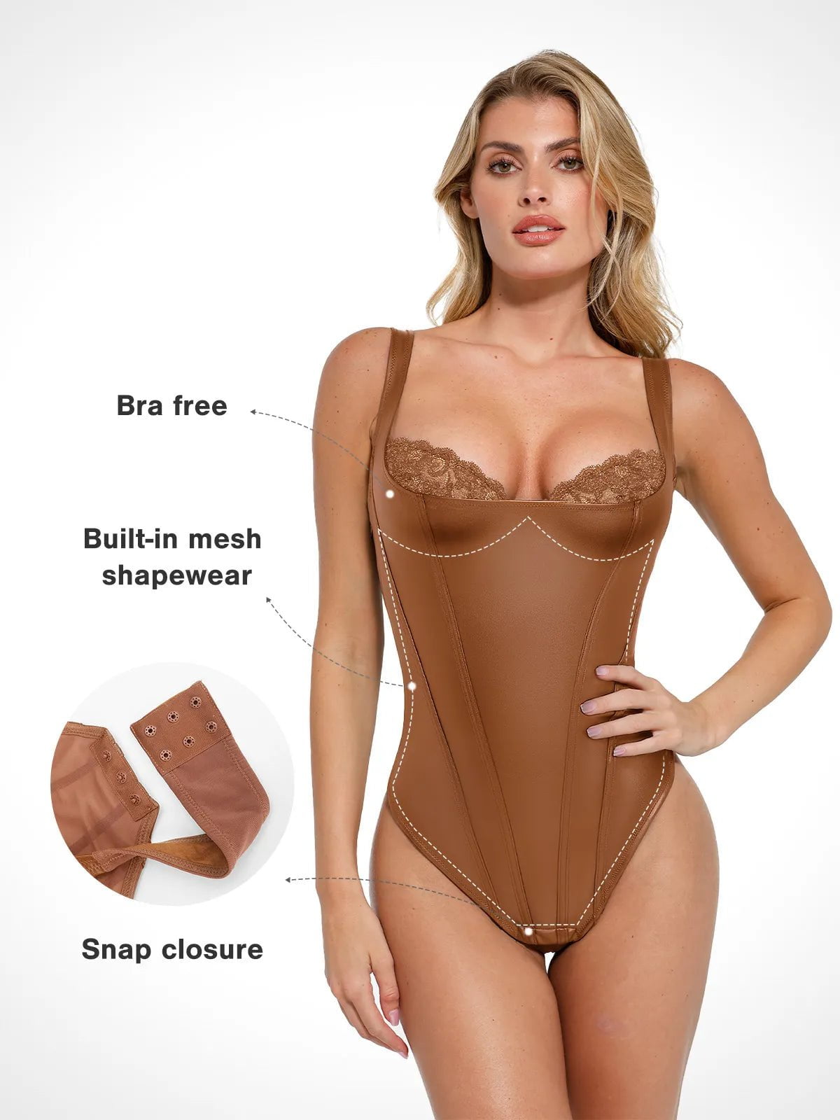 Popilush® Sexy Tops Body Shaper Shapewear Faux Leather Lace Balconette Sculpting Bodysuit