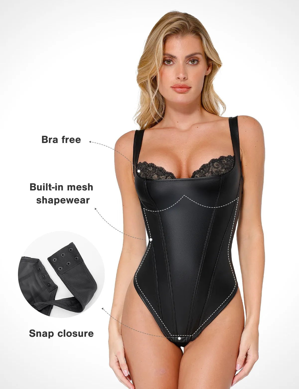 Popilush® Sexy Tops Body Shaper Shapewear Faux Leather Lace Balconette Sculpting Bodysuit