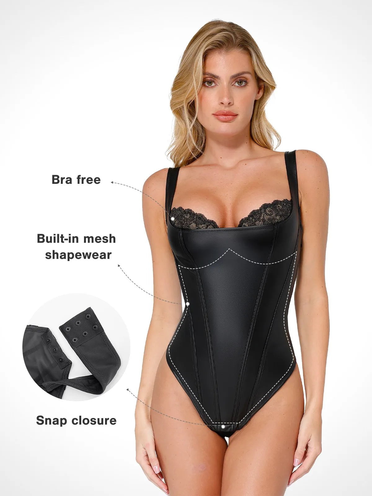 Popilush® Sexy Tops Body Shaper Shapewear Faux Leather Lace Balconette Sculpting Bodysuit