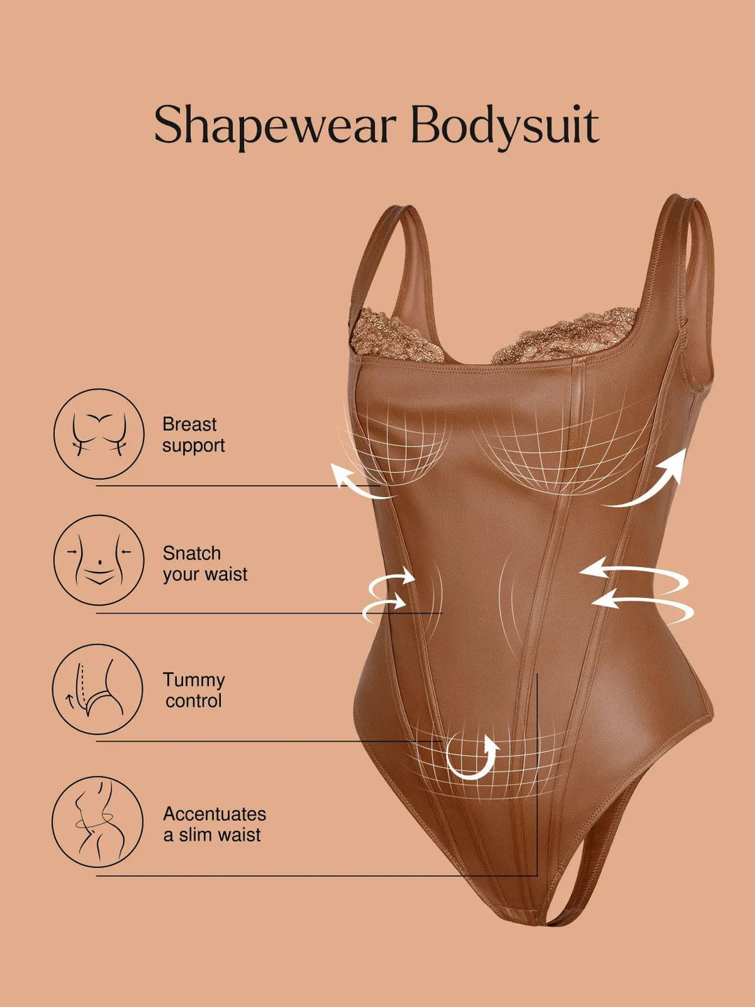 Popilush® Sexy Tops Body Shaper Shapewear Faux Leather Lace Balconette Sculpting Bodysuit