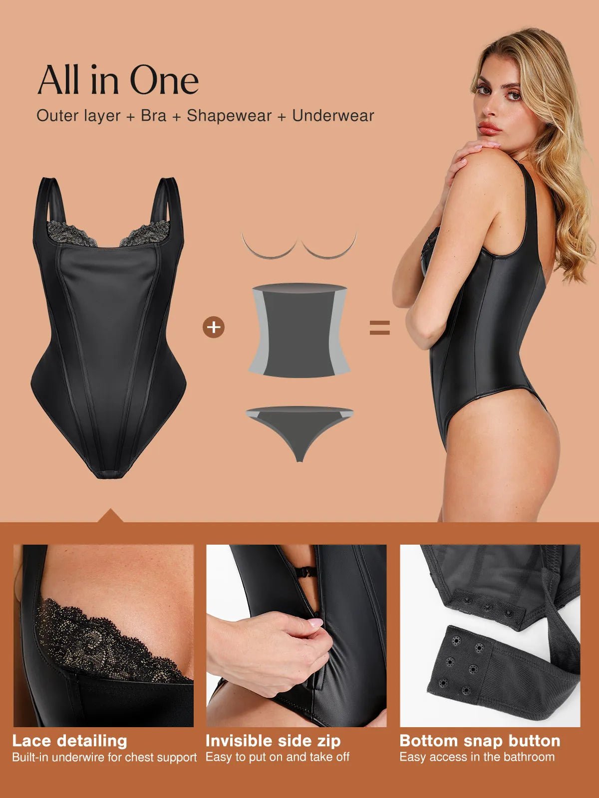 Popilush® Sexy Tops Body Shaper Shapewear Faux Leather Lace Balconette Sculpting Bodysuit