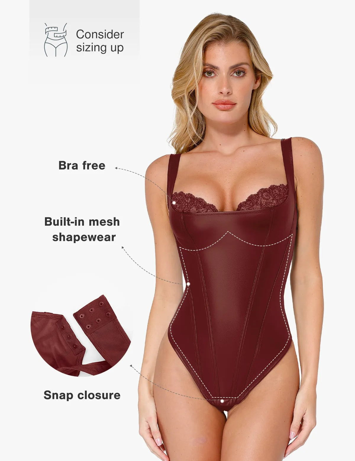 Popilush® Sexy Tops Body Shaper Shapewear Faux Leather Lace Balconette Sculpting Bodysuit