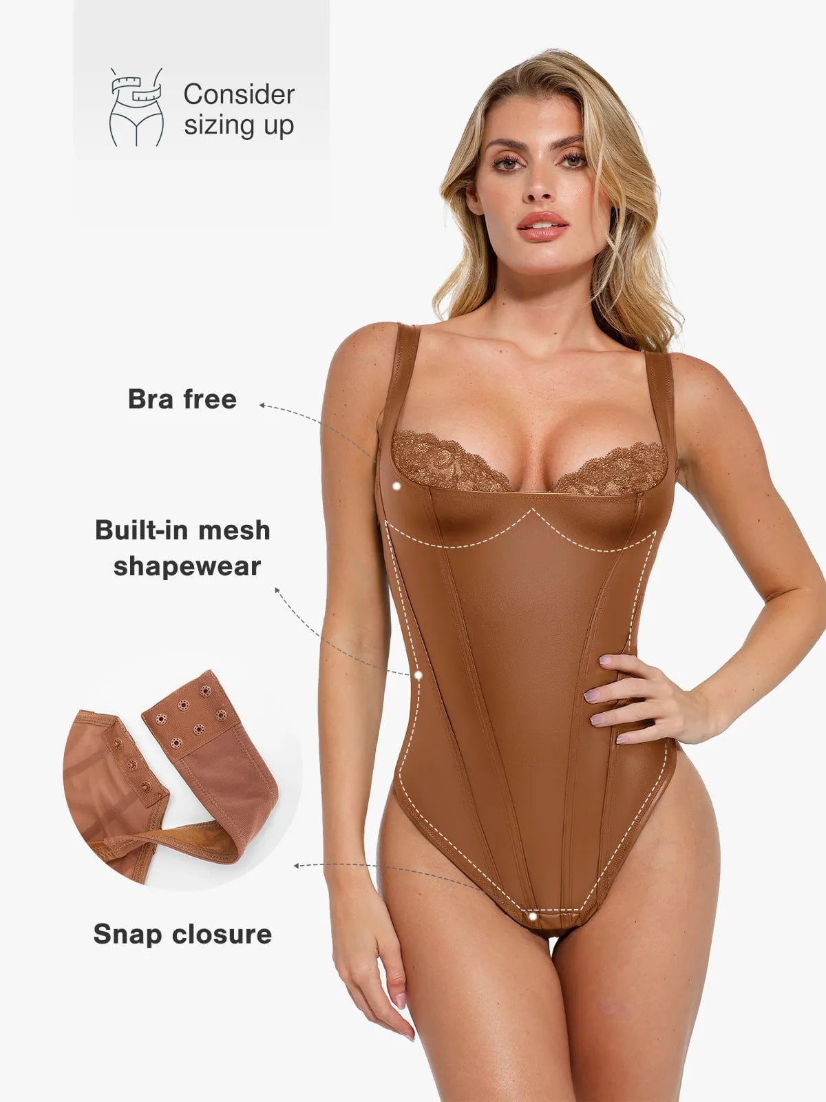 Popilush® Sexy Tops Body Shaper Shapewear Faux Leather Lace Balconette Sculpting Bodysuit