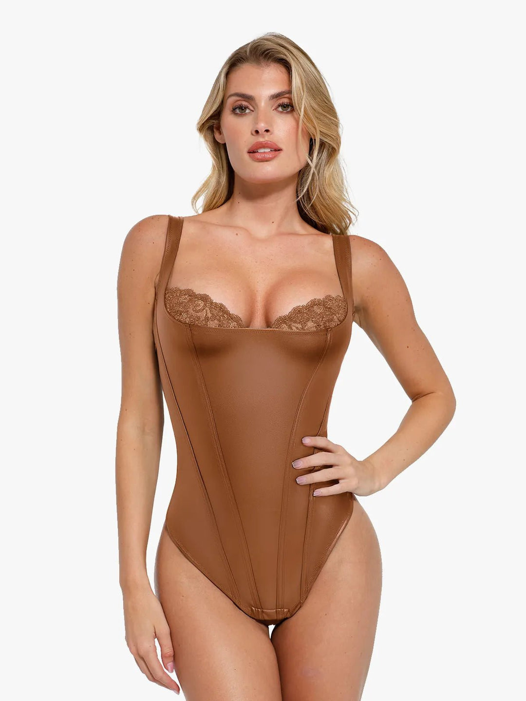 Popilush® Sexy Tops Body Shaper Brown / XS Shapewear Faux Leather Lace Balconette Sculpting Bodysuit