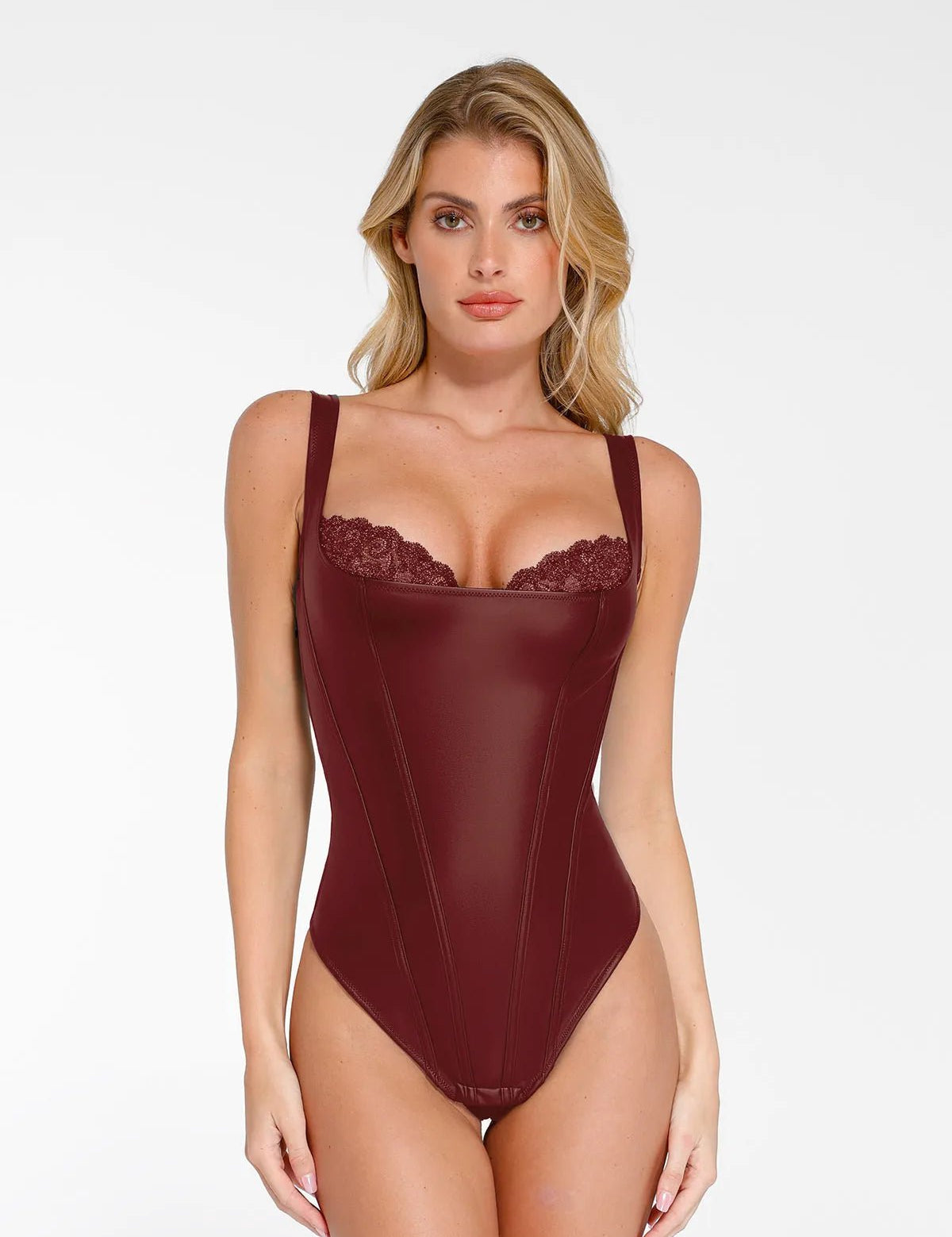  XS Shapewear Faux Leather Lace Balconette Sculpting Bodysuit