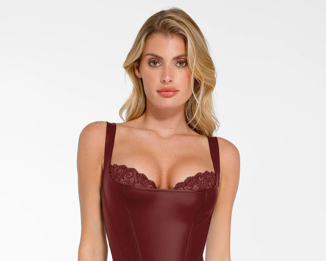 Popilush® Sexy Tops Body Shaper Red / XS Shapewear Faux Leather Lace Balconette Sculpting Bodysuit