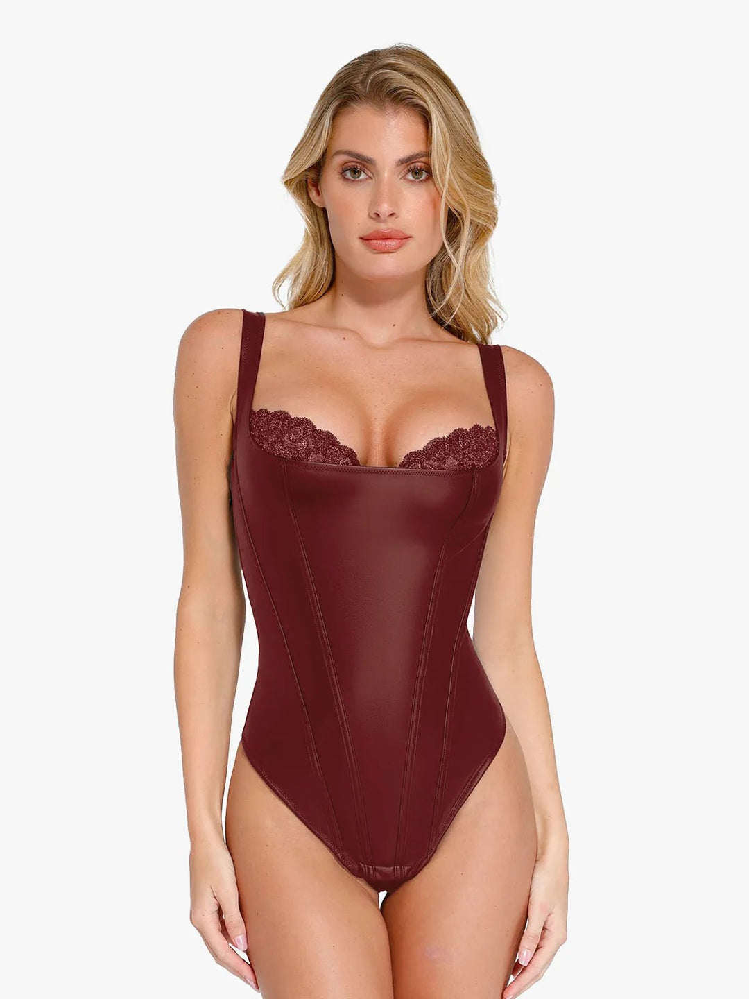 Popilush® Sexy Tops Body Shaper Red / XS Shapewear Faux Leather Lace Balconette Sculpting Bodysuit