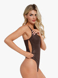 Popilush® Tops Body Shaper Tank Shapewear Faux Leather Plunging V Sculpting Corset Bodysuit