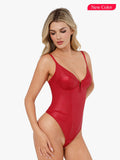 Popilush® Tops Body Shaper Tank Shapewear Faux Leather Plunging V Sculpting Corset Bodysuit