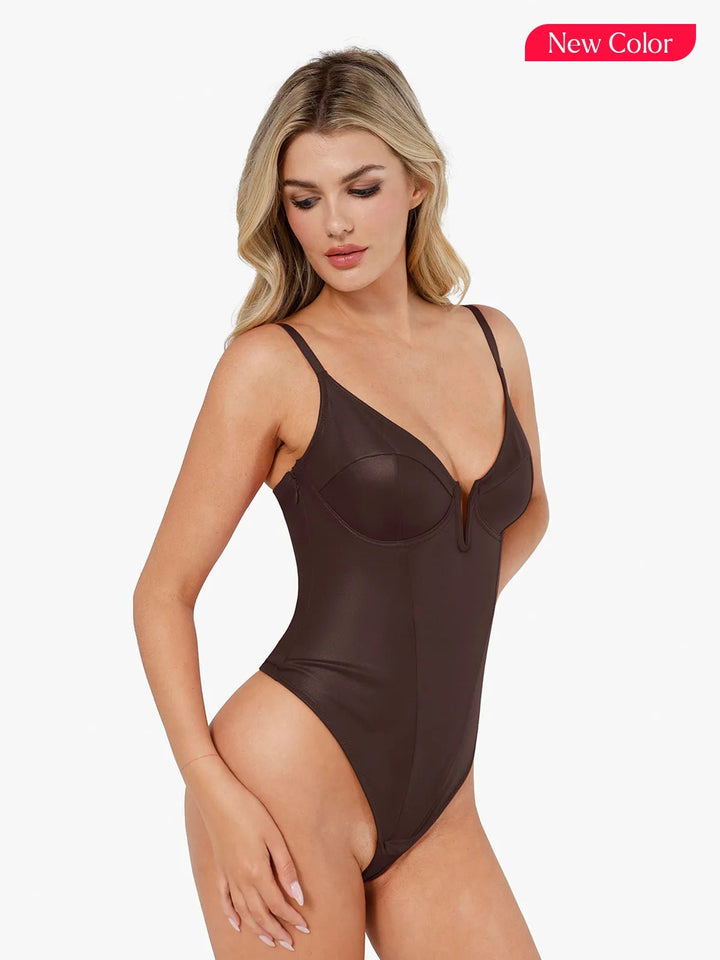 Popilush® Tops Body Shaper Tank Shapewear Faux Leather Plunging V Sculpting Corset Bodysuit