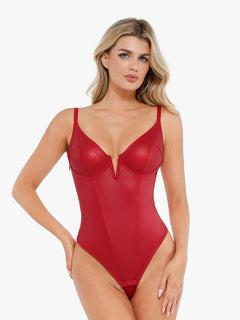 Popilush® Tops Body Shaper Tank Red / XS Shapewear Faux Leather Plunging V Sculpting Corset Bodysuit