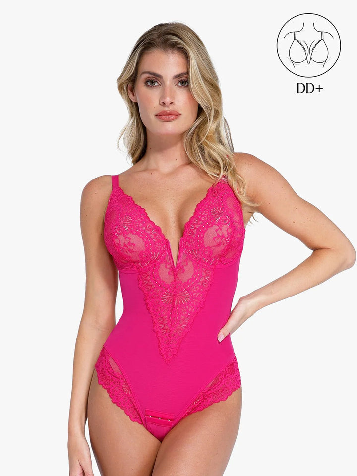 Popilush® Tops Body Shaper Pink / XS Shapewear Full Coverage Plunging Lace Slimming Bodysuit