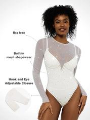 Popilush® Shapewear Heat-Set Crystal Mesh Long-Sleeve Slimming Bodysuit