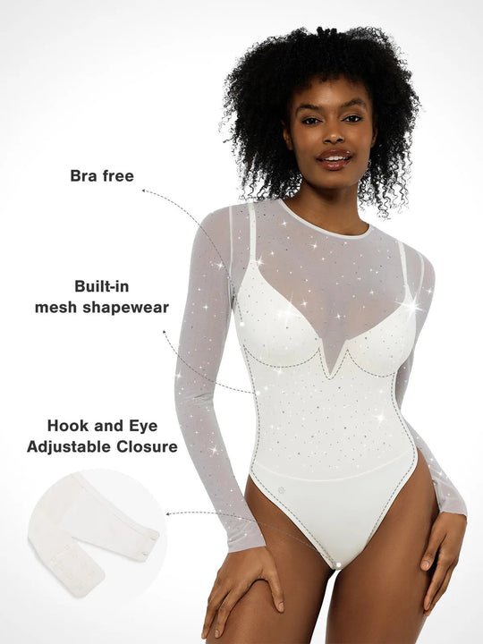 Popilush® Shapewear Heat-Set Crystal Mesh Long-Sleeve Slimming Bodysuit