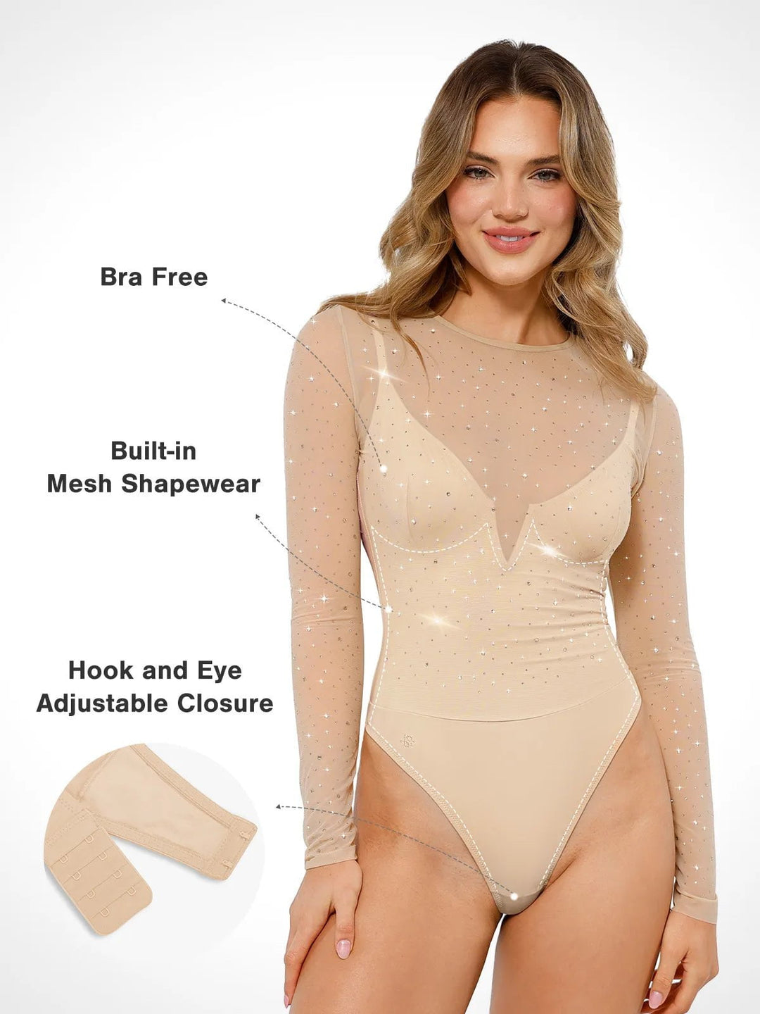 Popilush® Shapewear Heat-Set Crystal Mesh Long-Sleeve Slimming Bodysuit