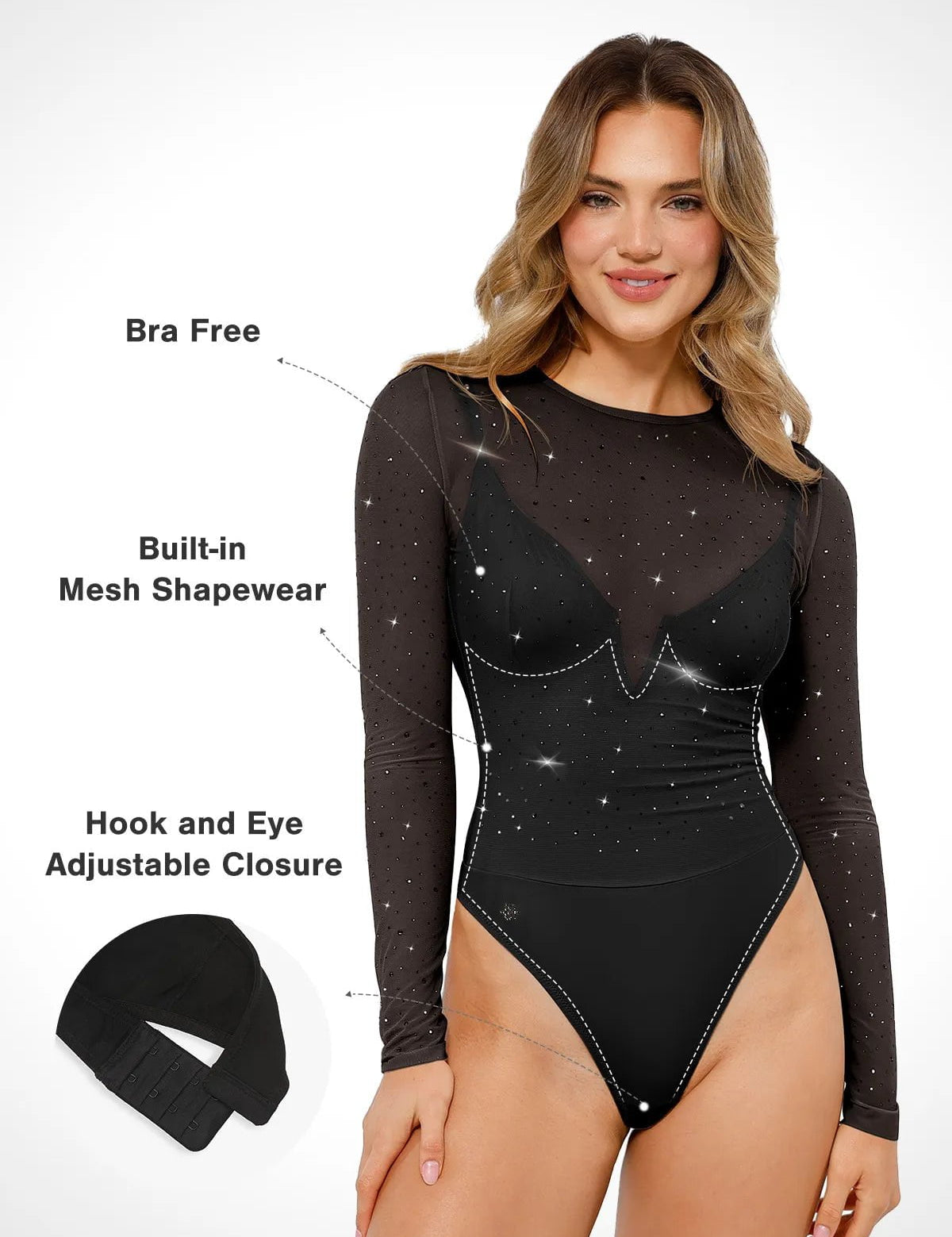 Popilush® Shapewear Heat-Set Crystal Mesh Long-Sleeve Slimming Bodysuit