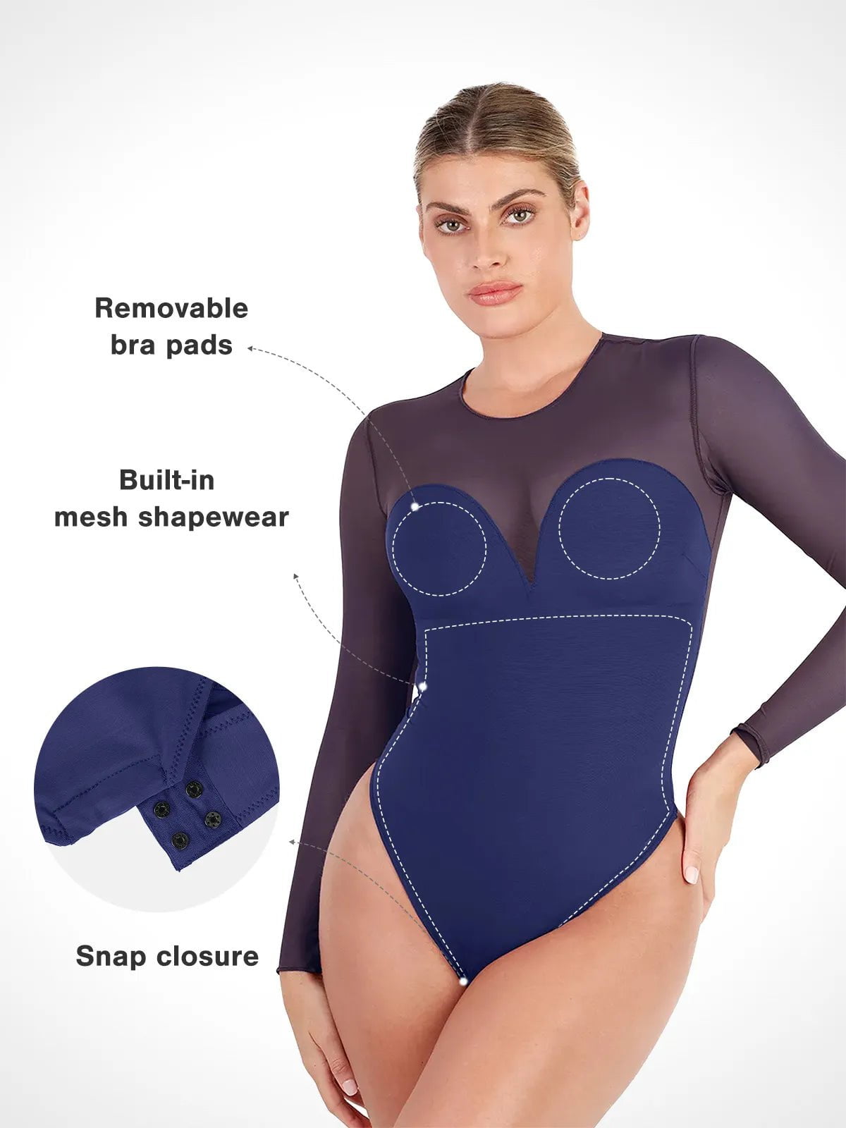 Popilush® Sexy Tops Body Shaper Winter Shapewear Illusion Mesh Long Sleeve Tummy Control Bodysuit