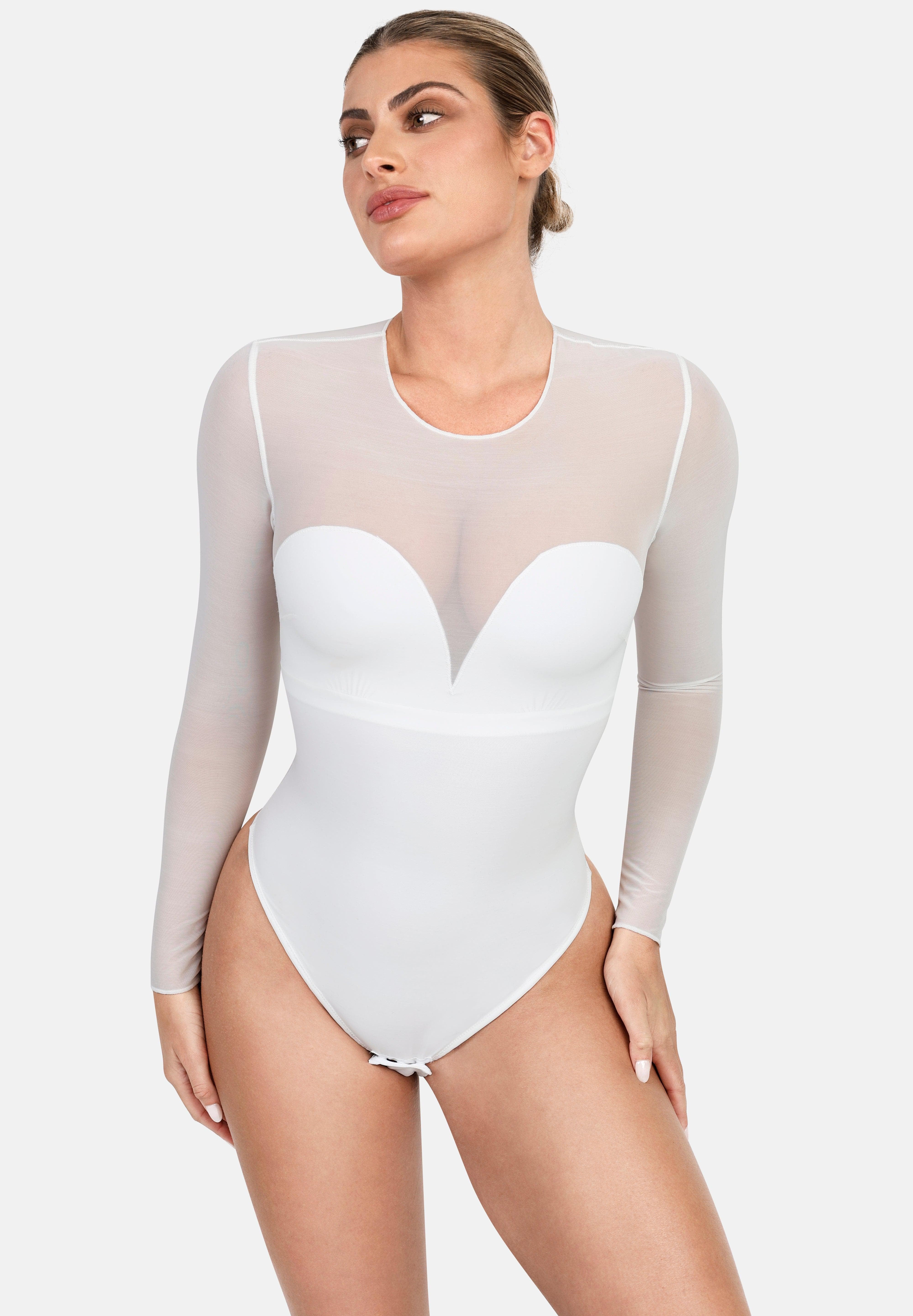 Popilush® Sexy Tops Body Shaper Winter Shapewear Illusion Mesh Long Sleeve Tummy Control Bodysuit