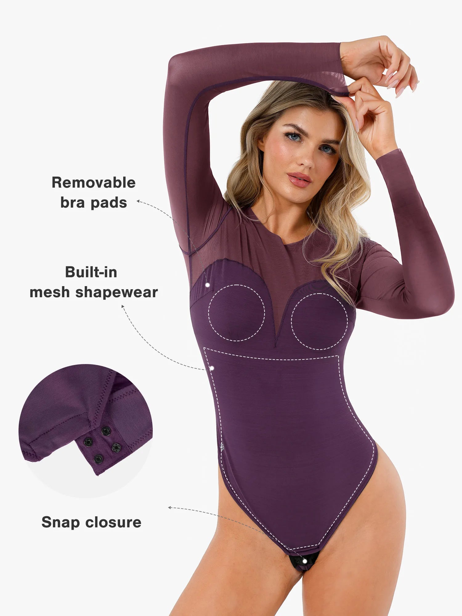 Popilush® Sexy Tops Body Shaper Winter Shapewear Illusion Mesh Long Sleeve Tummy Control Bodysuit