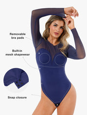 Popilush® Sexy Tops Body Shaper Winter Shapewear Illusion Mesh Long Sleeve Tummy Control Bodysuit