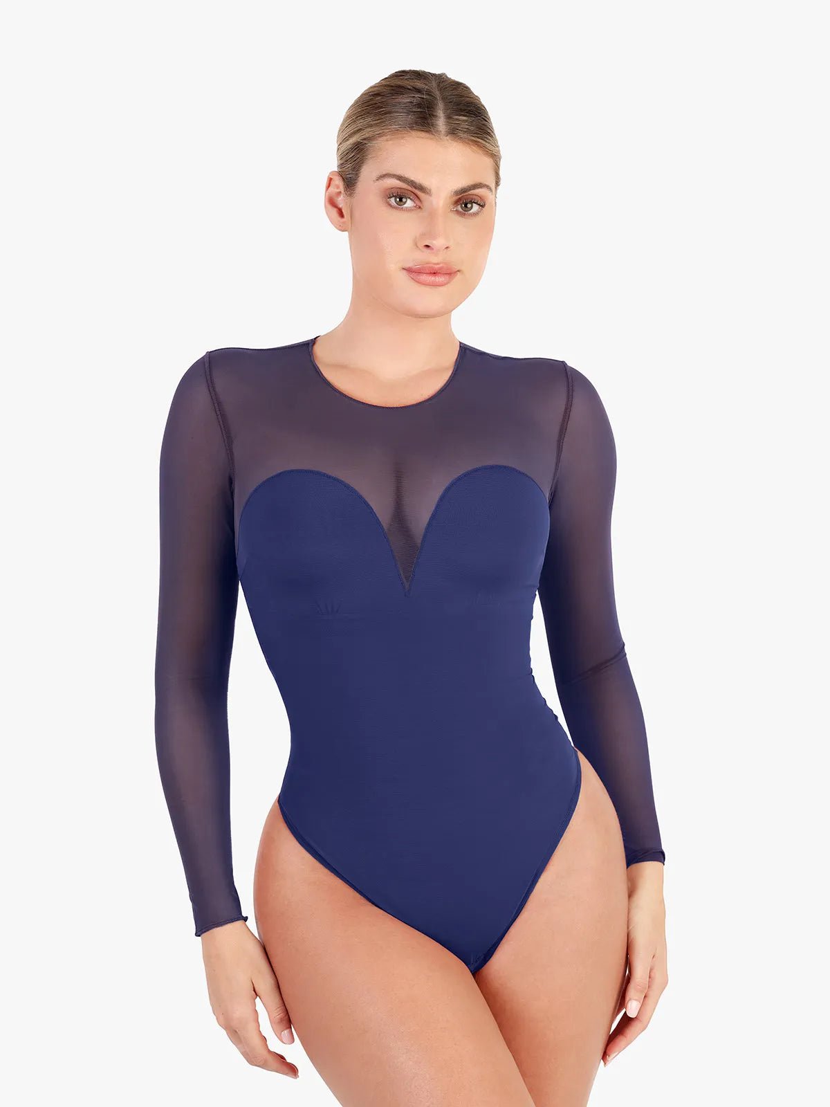 Popilush® Sexy Tops Body Shaper Winter Blue / S Shapewear Illusion Mesh Long Sleeve Tummy Control Bodysuit