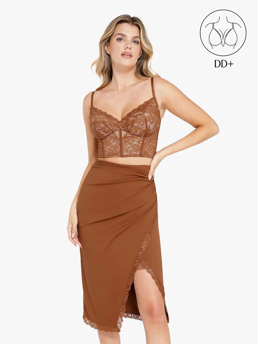 Popilush® Cami Crop Top Bra Set / Brown / XS Shapewear Lace Corset Bra or Slimming Midi Wrap Skirt