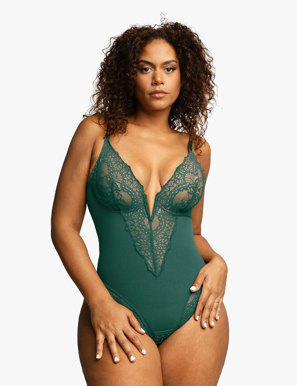  S Shapewear Lace Deep V-Neck Sculpting Thong Bodysuit