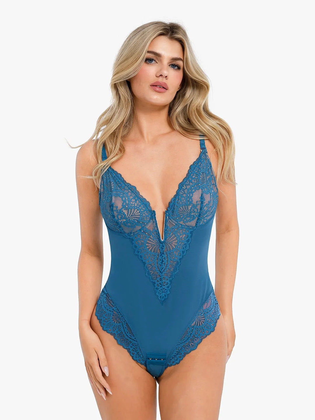 Popilush® Sexy Tops Body Shaper Peacock Blue / S Shapewear Lace Deep V-Neck Sculpting Thong Bodysuit