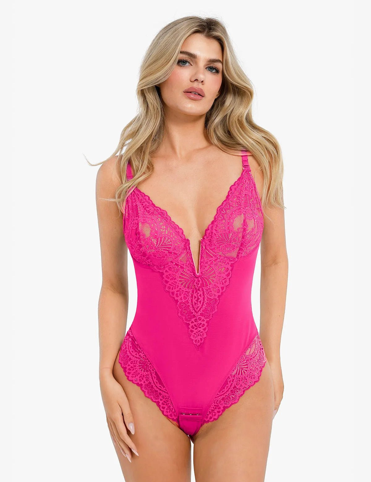  S Shapewear Lace Deep V-Neck Sculpting Thong Bodysuit