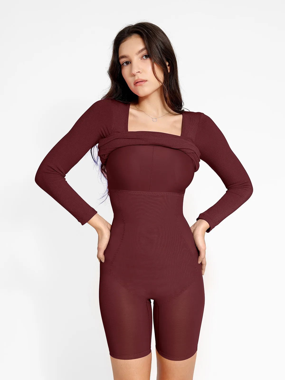 Popilush® Bodycon Party Cocktail Short Loungewear Shapewear Long Sleeve Square Neck Modal Slimming Midi Dress