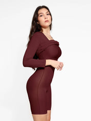 Popilush® Bodycon Party Cocktail Short Loungewear Shapewear Long Sleeve Square Neck Modal Slimming Midi Dress