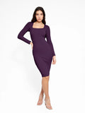 Popilush® Bodycon Party Cocktail Short Loungewear Shapewear Long Sleeve Square Neck Modal Slimming Midi Dress