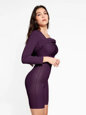 Popilush® Bodycon Party Cocktail Short Loungewear Shapewear Long Sleeve Square Neck Modal Slimming Midi Dress