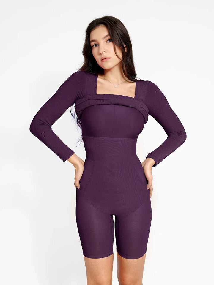 Popilush® Bodycon Party Cocktail Short Loungewear Shapewear Long Sleeve Square Neck Modal Slimming Midi Dress