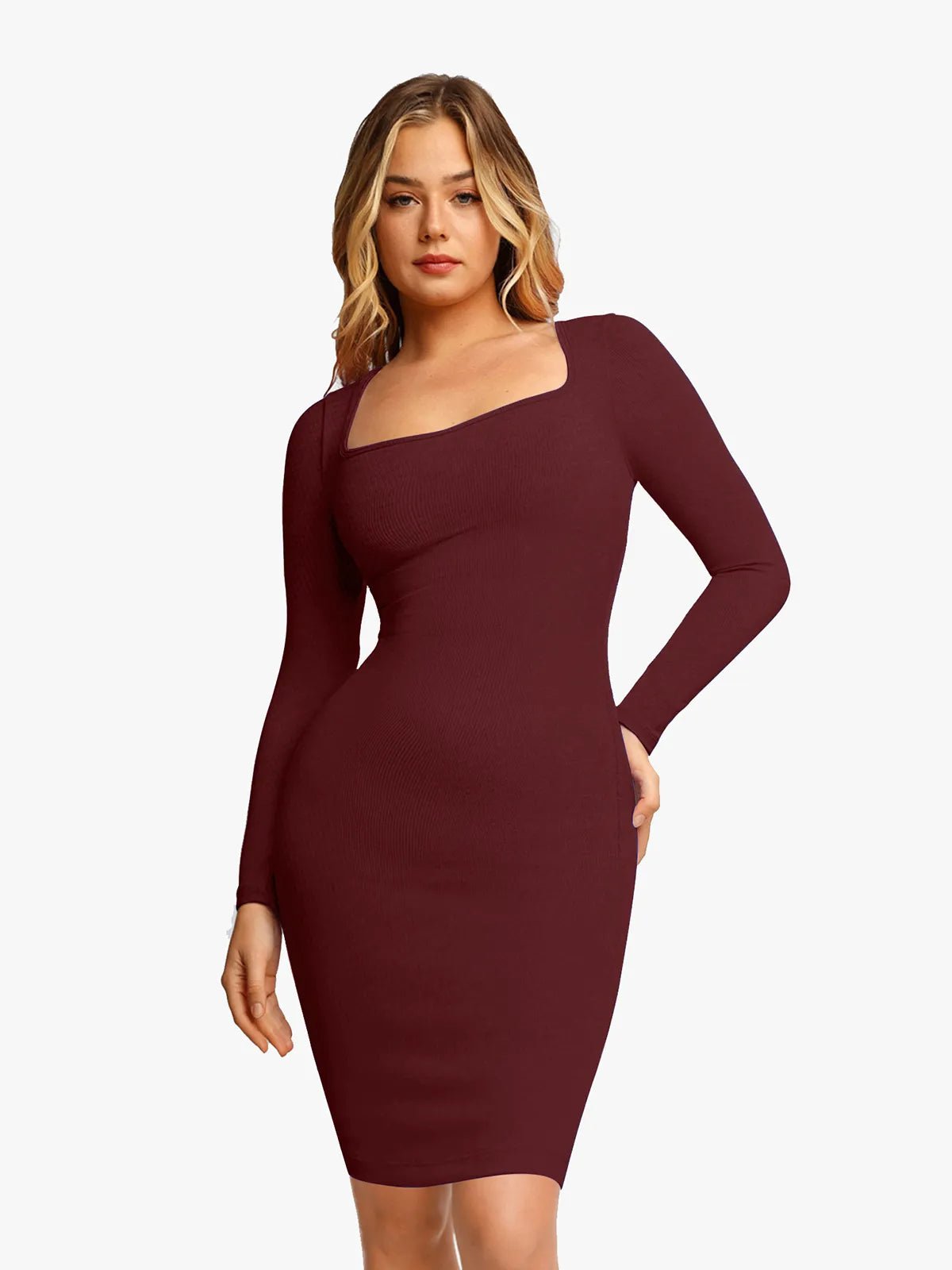 Popilush® Bodycon Party Cocktail Short Loungewear Maroon red / XS Shapewear Long Sleeve Square Neck Modal Slimming Midi Dress