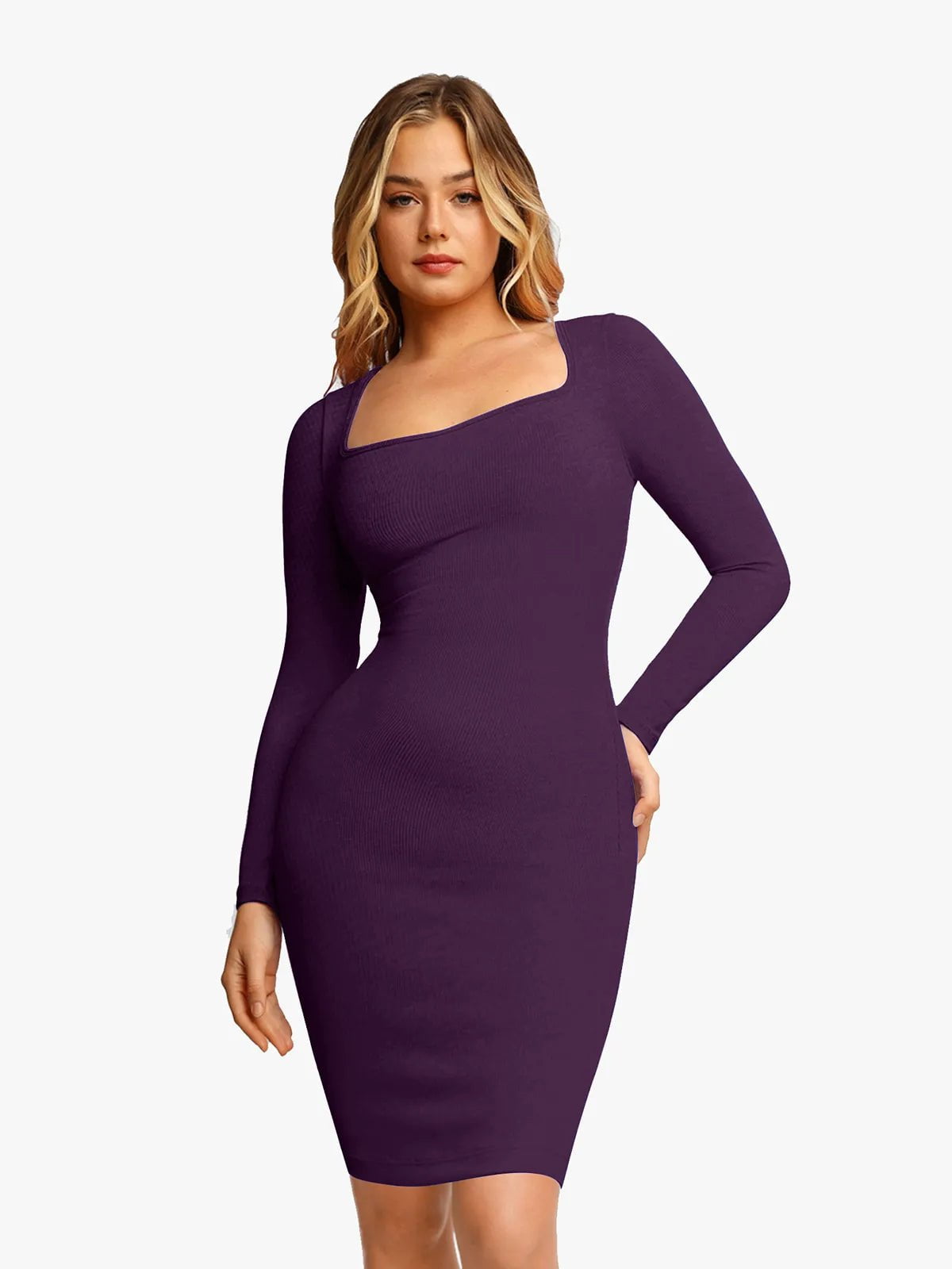 Popilush® Bodycon Party Cocktail Short Loungewear Purple / XS Shapewear Long Sleeve Square Neck Modal Slimming Midi Dress