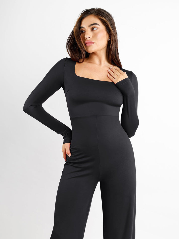 Popilush® Casual Jumpsuit Winter Shapewear Long Sleeve Square Neck Slimming Wide Leg Jumpsuit