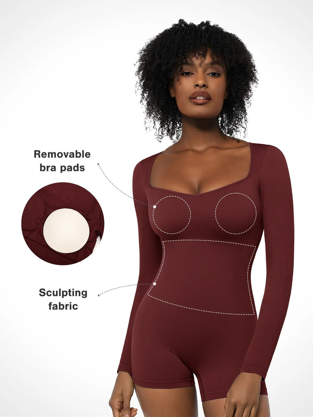 Popilush® Sculpting Seamless Shorts Jumpsuit Winter Built-In Bra Shapewear Long Sleeve Sweetheart Neckline Romper