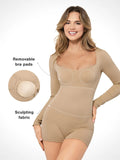 Popilush® Sculpting Seamless Shorts Jumpsuit Winter Built-In Bra Shapewear Long Sleeve Sweetheart Neckline Romper